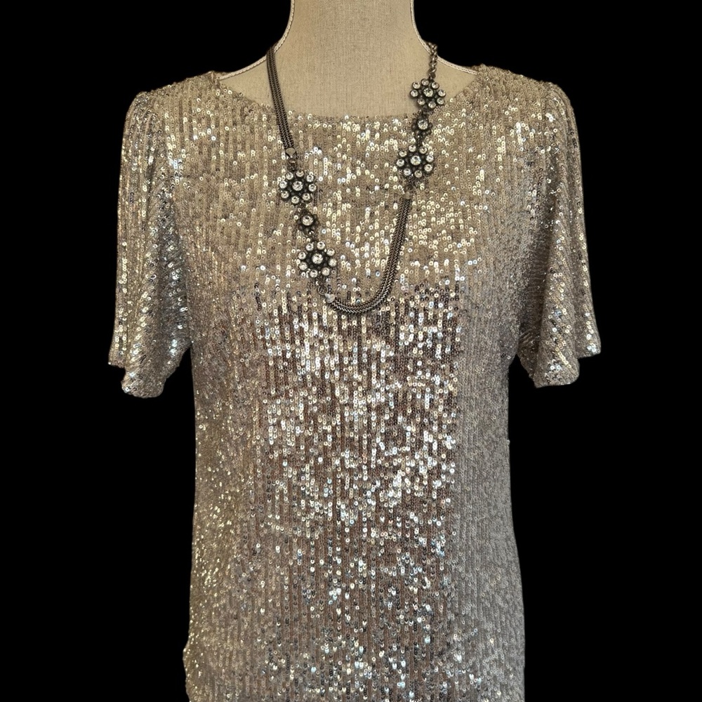 Rachel Zoe Silver Sequin Flutter Sleeve Top Size Medium